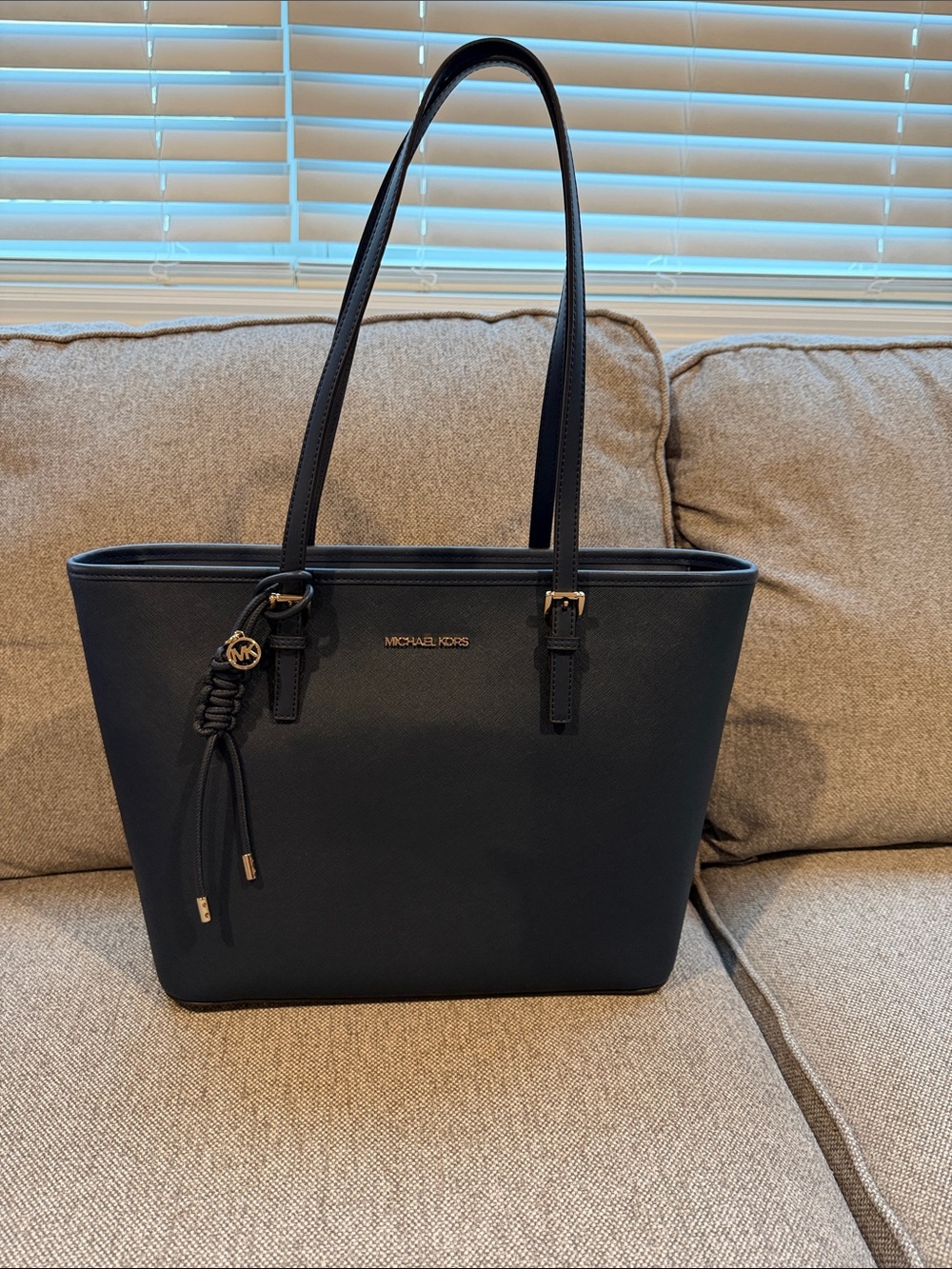 Michael Kors Navy Saffiano Leather Tote with Gold Charm - NWT